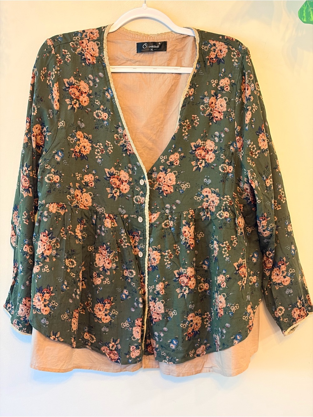 O’NEELE Floral Babydoll Tunic Top XL Boho Prairie Layered Hem - Picture 2 of 8